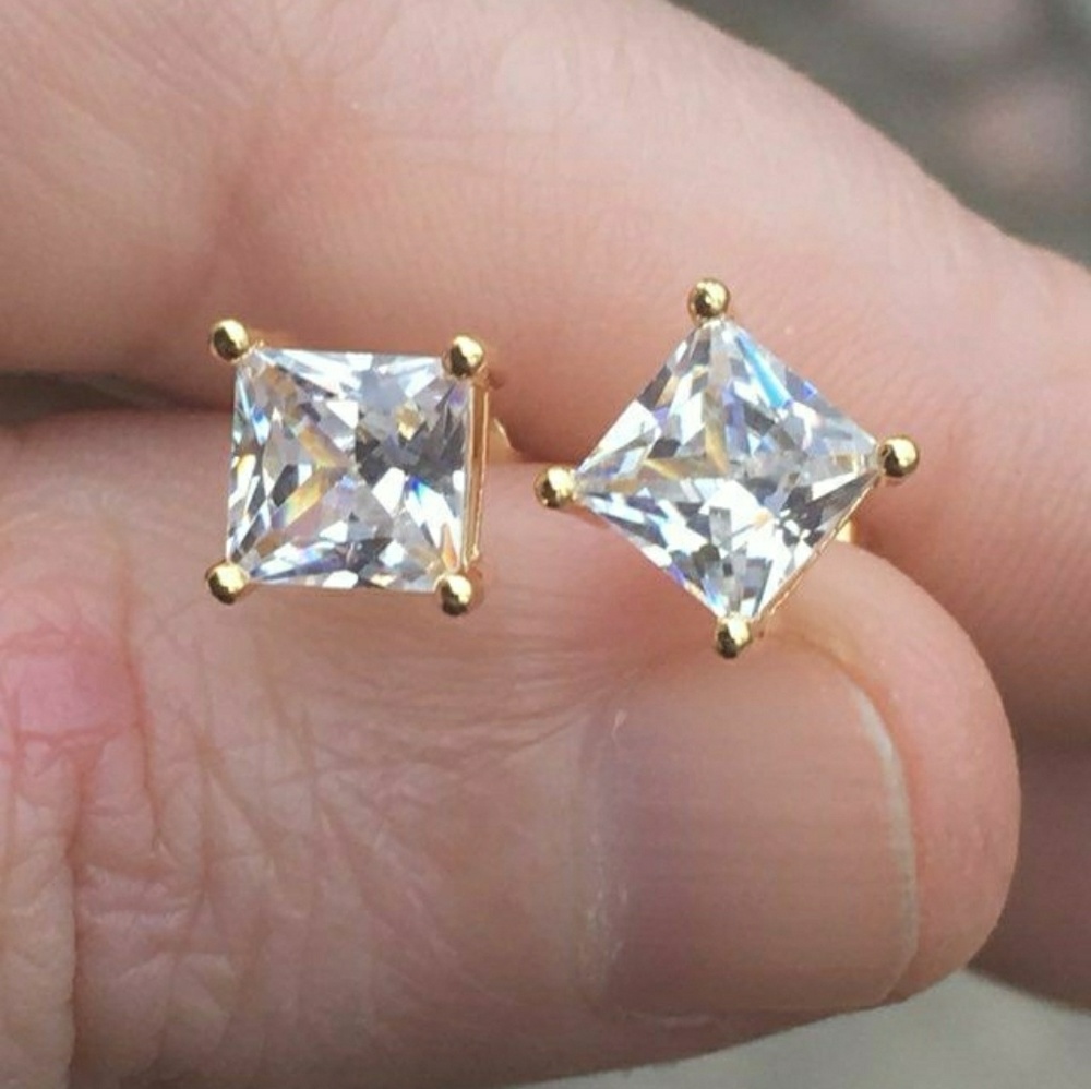 14k Yellow Gold Diamond Princess Cut Stud Earrings